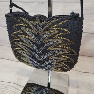 Black, Gold Silver Beaded Small Event Bag Palm Print Removeable Strap